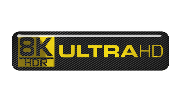 8k HDR ULTRA HD 2"x0.5" Chrome Effect Domed Case Badge / Sticker Logo